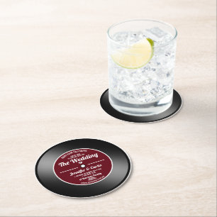 Retro Vinyl Record Vin Red Bröllop spara datum Underlägg Papper Rund