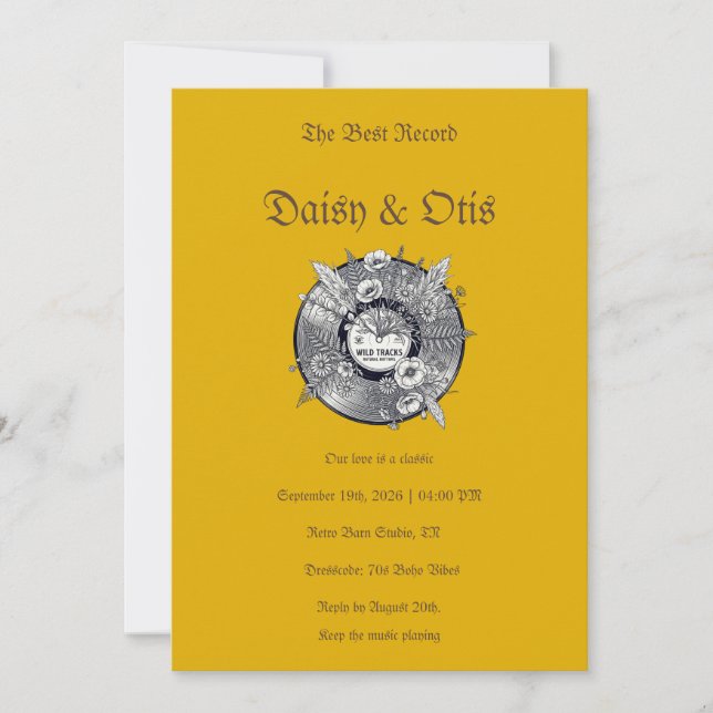 Retro Vinyl Record Wedding Invitation 70s Boho Inbjudningar (Framsida)