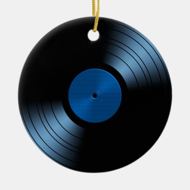 Retro vinylrekordalbum i blått julgransprydnad keramik (Framsidan)