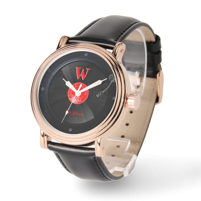 Retro vinylskiva anpassad monogramklocka armbandsur (Vinkel)