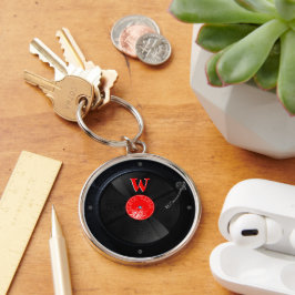 Retro vinylskiva Anpassad monogramnyckelring Rund Silverfärgad Nyckelring