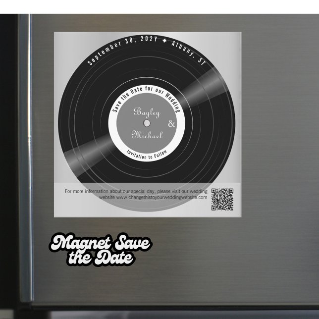 Retro vinylskiva Bröllop Spara datum Magnet (A simple and elegant retro vinyl record magnet save the date magnetic card)