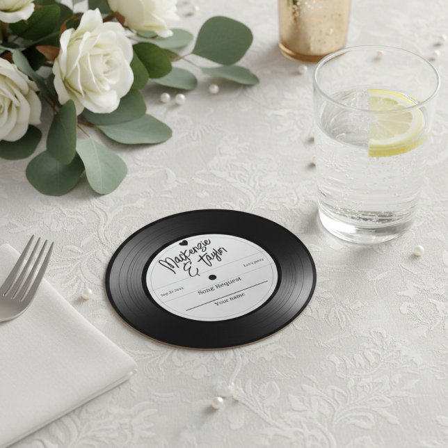 Retro Vinylskiva Låtbön Underlägg Papper Rund (Retro Vinyl Record Song Request Round Paper Coaster by Ricaso.  song requests at wedding reception)