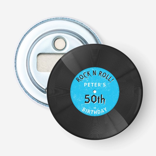 Retro vinylskiva Rock N Roll Blå Födelsedag Flasköppnare (Framsidan)