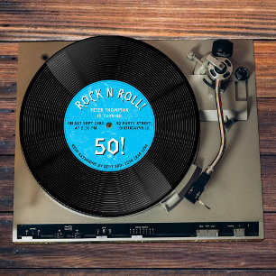 Retro vinylskiva Rock N Roll Blå Födelsedag Inbjudningar