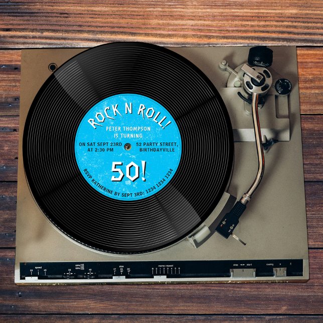 Retro vinylskiva Rock N Roll Blå Födelsedag Inbjudningar (Retro Vinyl Record Rock N Roll Blue Birthday Invitation)