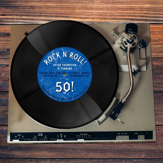 Retro Vinylskiva Rock N Roll Blå Födelsedag Inbjudningar (Retro Vinyl Record Rock N Roll Blue Birthday Invitation)