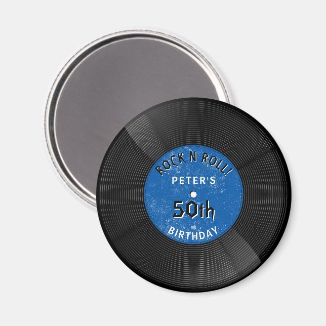 Retro Vinylskiva Rock N Roll Blå Födelsedag Magnet (Front/Back)