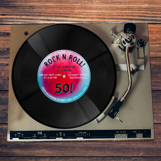 Retro vinylskiva Rock N Roll Blå Röd Födelsedag Inbjudningar (Retro Vinyl Record Rock N Roll Blue Red Birthday Invitation)
