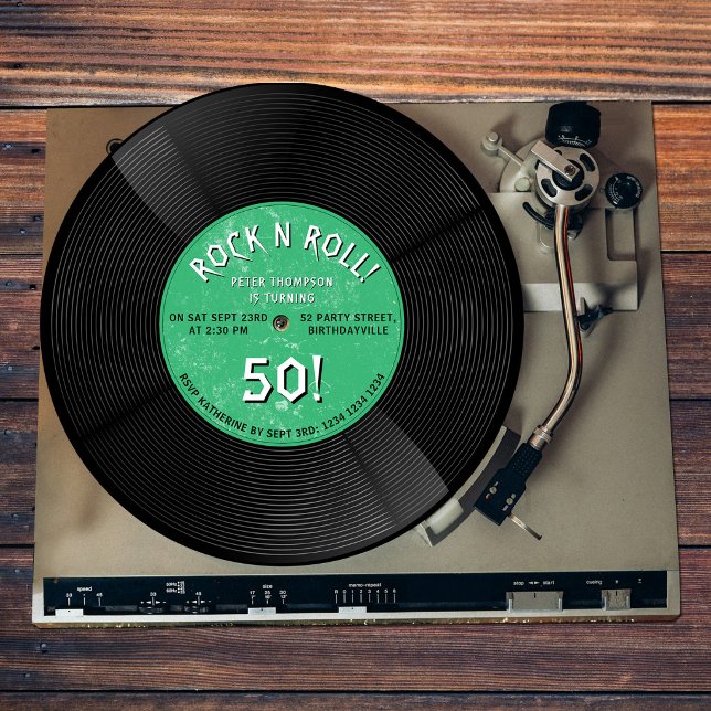 Retro Vinylskiva Rock N Roll Grön Födelsedag Inbjudningar (Retro Vinyl Record Rock N Roll Green Birthday Invitation)