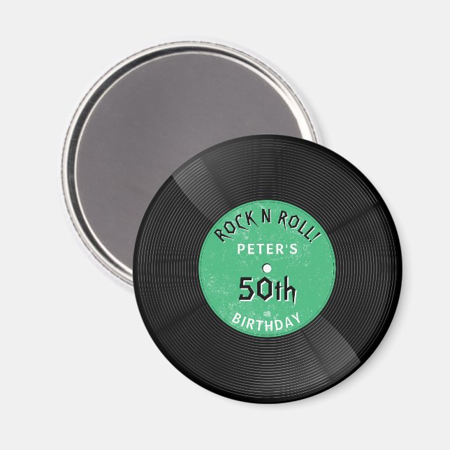 Retro Vinylskiva Rock N Roll Grön Födelsedag Magnet (Front/Back)