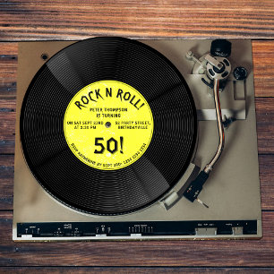 Retro Vinylskiva Rock N Roll Gul Födelsedag Inbjudningar