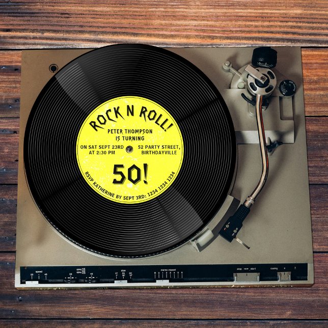 Retro Vinylskiva Rock N Roll Gul Födelsedag Inbjudningar (Retro Vinyl Record Rock N Roll Yellow Birthday Invitation)