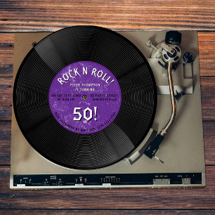 Retro vinylskiva Rock N Roll lila födelsedag Inbjudningar