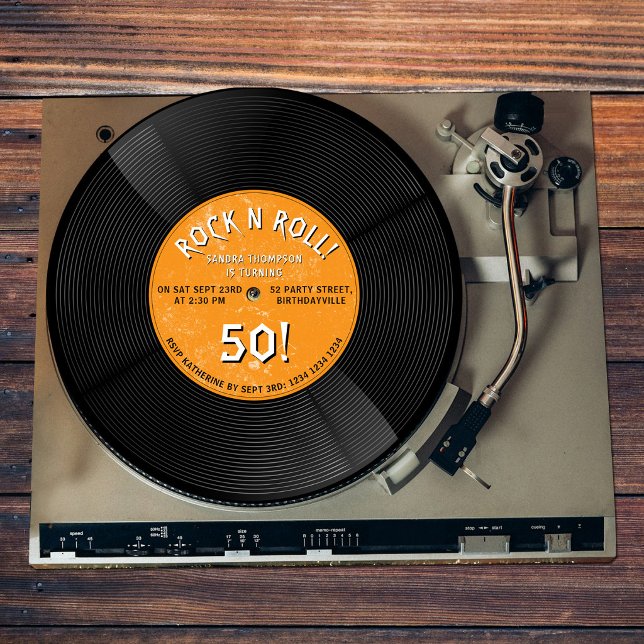Retro vinylskiva Rock N Roll orange födelsedag Inbjudningar (Retro Vinyl Record Rock N Roll Orange Birthday Invitation)