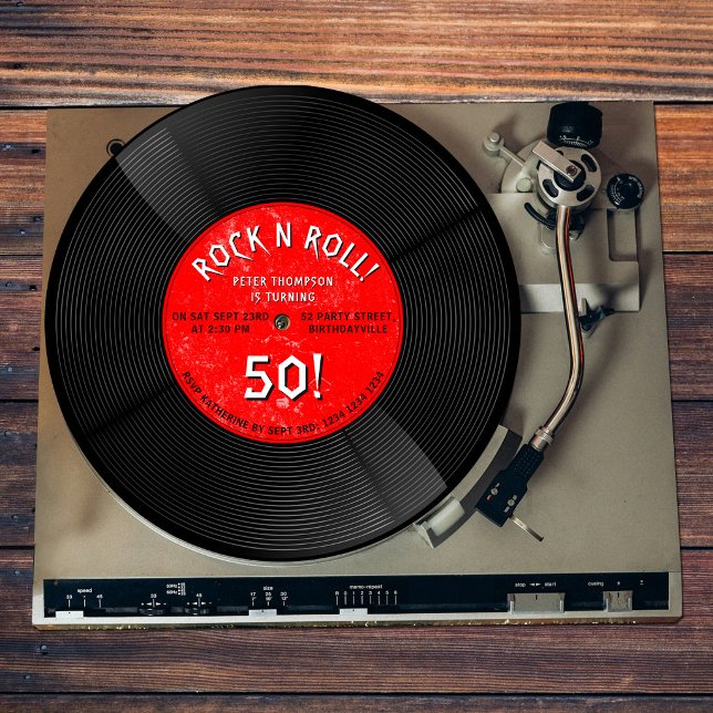 Retro Vinylskiva Rock N Roll Röd Födelsedag Inbjudningar (Retro Vinyl Record Rock N Roll Red Birthday Invitation)