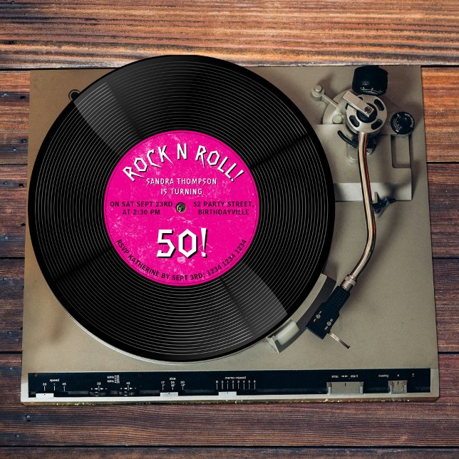 Retro vinylskiva Rock N Roll Rosa Födelsedag Inbjudningar (Retro Vinyl Record Rock N Roll Pink Birthday Invitation)