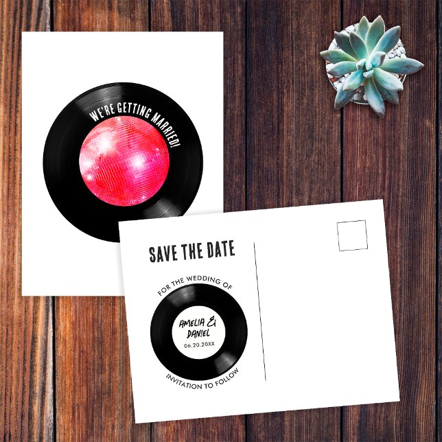 Retro vinylskiva Rosa Disco Boll Spara Datum Vykort (Front/Back)