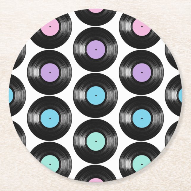 Retro Vinylskivor Färgrik Mönsterdesign Underlägg Papper Rund (Framsidan)