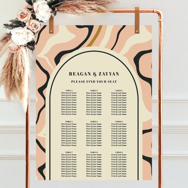 Retro Virvelbåge Rosa Svart Bröllopsplatskarta Poster (Skapare uppladdad)