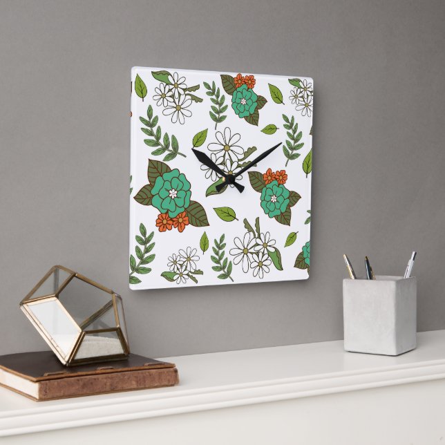 Retro vit och grön blomster fyrkantig klocka (Kontor)