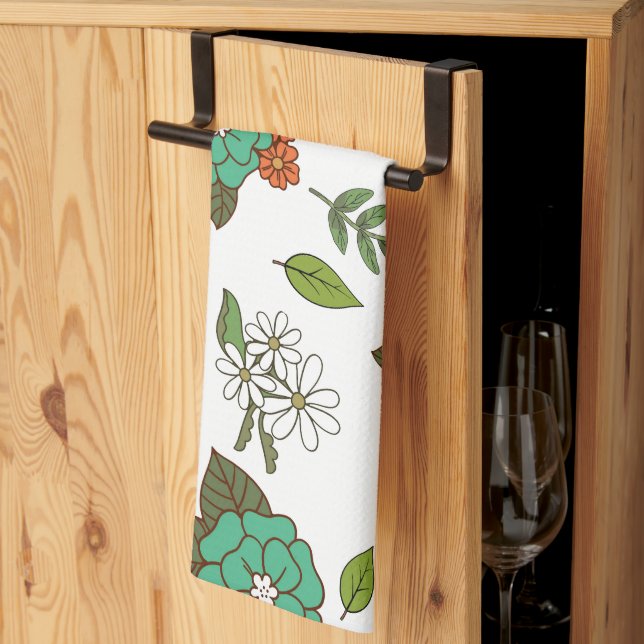 Retro vit och grön blomster kökshandduk (Thirds Fold)