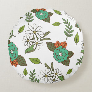Retro vit och grön blomster rund kudde