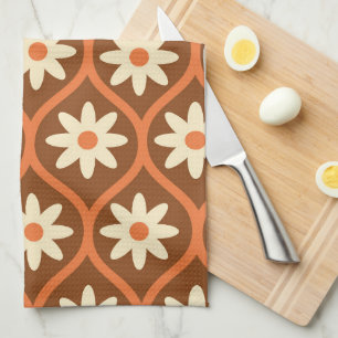 Retro vita blommor på brun Mid Century Ogee Kökshandduk