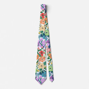 Retro Vita Regnbågsblommor Mönster Slips