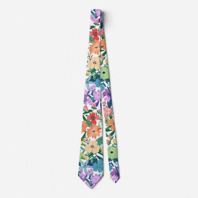 Retro Vita Regnbågsblommor Mönster Slips (Framsida)