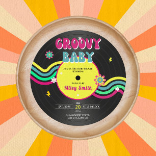 Retro Vynil Record Groovy Baby Shower 80s Neon Inbjudningar
