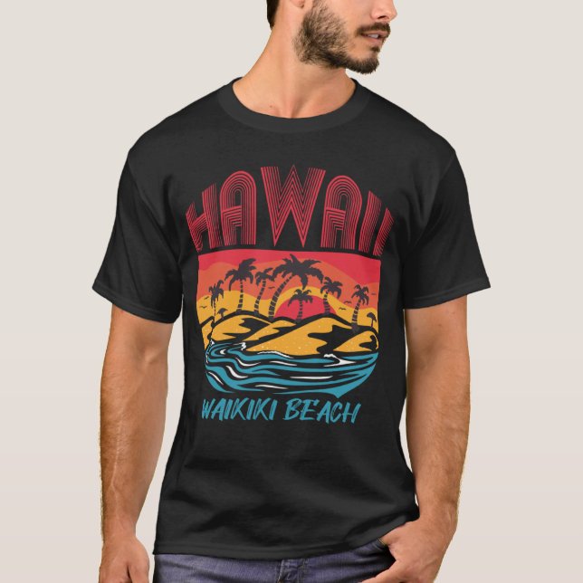 Retro Waikiki Beach Hawaii Handflatan träd Ocean S T Shirt (Framsida)