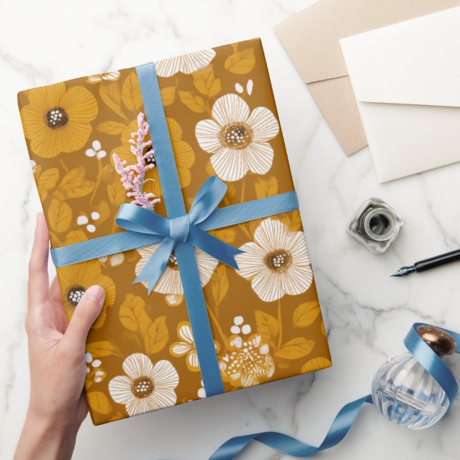 Retro Warm Tone Flower Mustard Floral Pattern Presentpapper (Gifting)