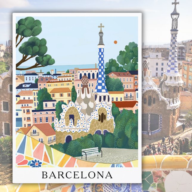 Retro Watercolor Barcelona Spain Travel Vykort (Skapare uppladdad)