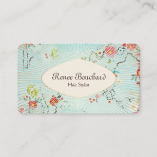 Retro Watercolor Blommigt Blue Guld Visitkort