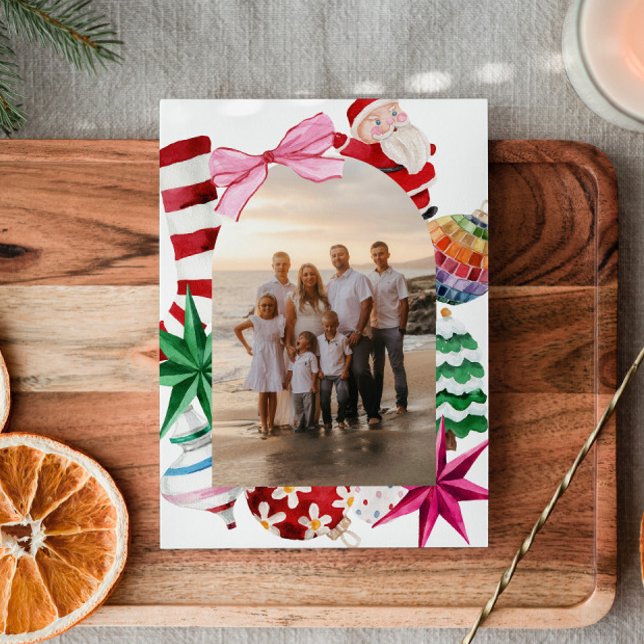 Retro Watercolor Family Photo jul Julkort (Retro Classic Christmas Family Photo Holiday Card)