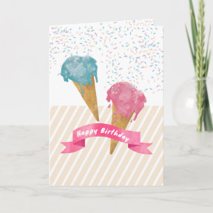 Retro Watercolor Ice Cream & Sprinkles Birthday Kort