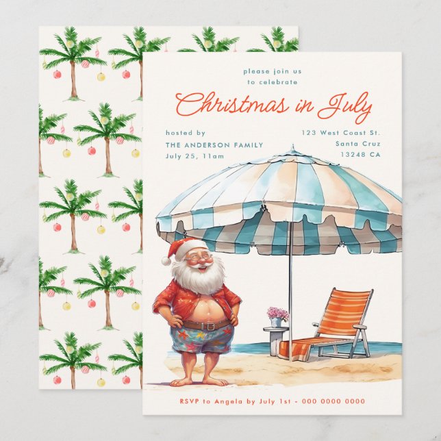 Retro Watercolor-jul i juli Sommaren Party Julkort (Fram/baksida)