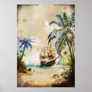 Retro Watercolor Pirat Frakt Handflatan Träd Gamla Poster