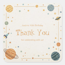 Retro Watercolor Planet Rocket Gold Frame Fyrkantigt Klistermärke