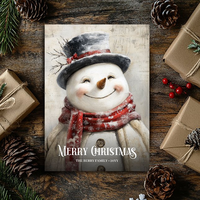 Retro Watercolor Red White Christmas Snowman Cards Julkort (Retro Watercolor Red White Christmas Snowman Cards)