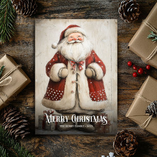 Retro Watercolor Röd Vit Jul Santa Kort