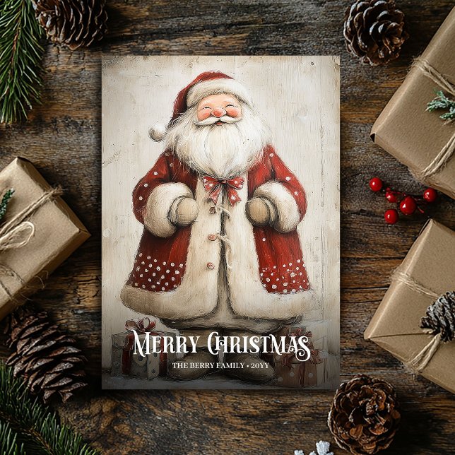 Retro Watercolor Röd Vit Jul Santa Kort (Retro Watercolor Red White Christmas Wreath Card)