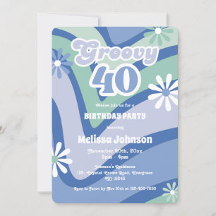 Retro Wave-Daisy Groovy 40th Blue Birthday Inbjudningar