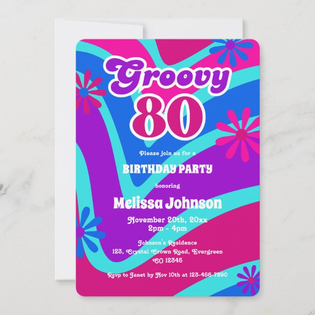 Retro Wave-Daisy Groovy 80:e Lila Birthday Inbjudningar (Framsida)