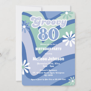 Retro Wave-Daisy Groovy 80th Blue Birthday Inbjudningar