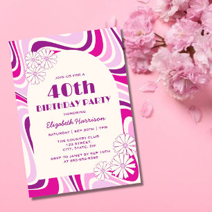 Retro Wave Flower Arch Lila Rosa Birthday Inbjudningar