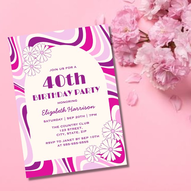 Retro Wave Flower Arch Lila Rosa Birthday Inbjudningar (Skapare uppladdad)