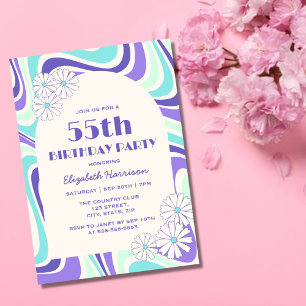 Retro Wave Flower Arch Mint Blue Birthday Inbjudningar