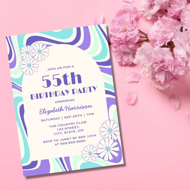 Retro Wave Flower Arch Mint Blue Birthday Inbjudningar (Skapare uppladdad)